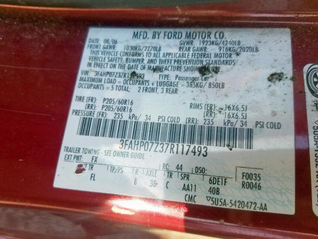 3FAHP07Z37R117493 - 2007 FORD FUSION SE MAROON photo 10