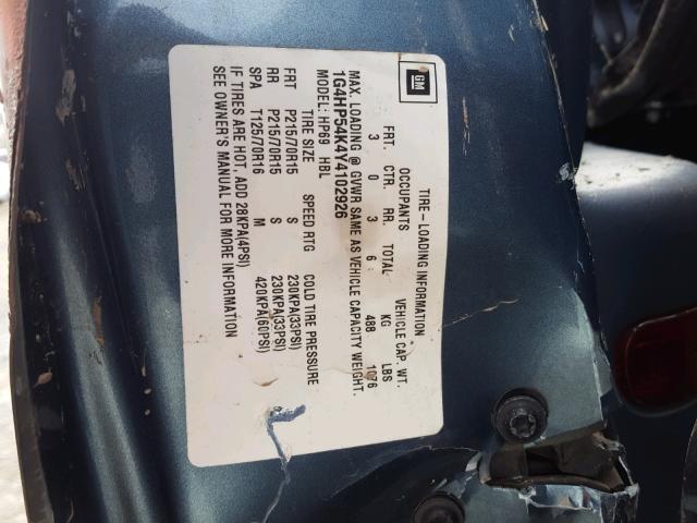 1G4HP54K4Y4102926 - 2000 BUICK LESABRE CU BLUE photo 10