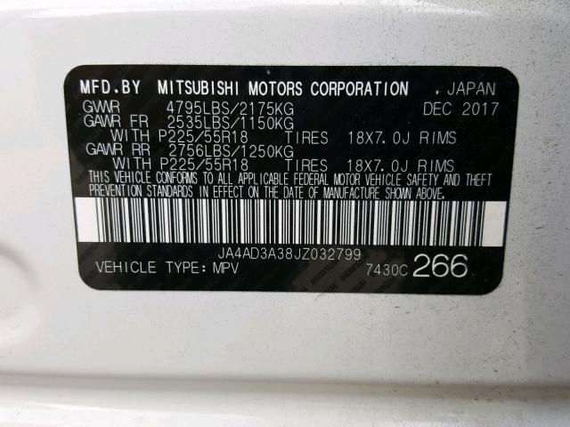 JA4AD3A38JZ032799 - 2018 MITSUBISHI OUTLANDER WHITE photo 10