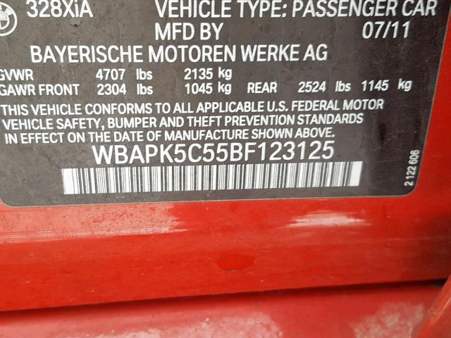 WBAPK5C55BF123125 - 2011 BMW 328 XI SUL RED photo 10