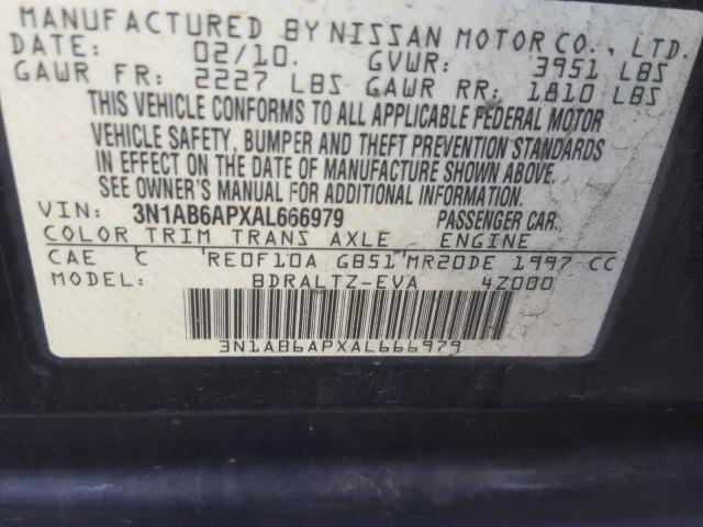 3N1AB6APXAL666979 - 2010 NISSAN SENTRA 2.0 BLACK photo 10