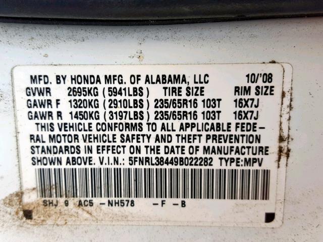 5FNRL38449B022282 - 2009 HONDA ODYSSEY EX WHITE photo 10