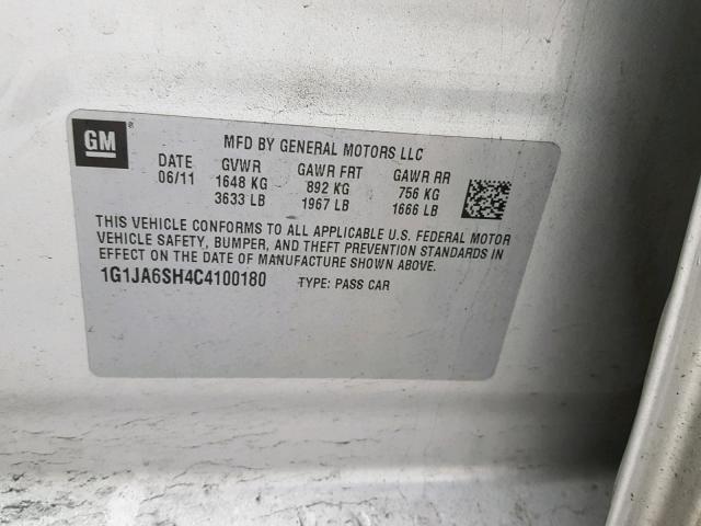 1G1JA6SH4C4100180 - 2012 CHEVROLET SONIC LS 银色 照片 10