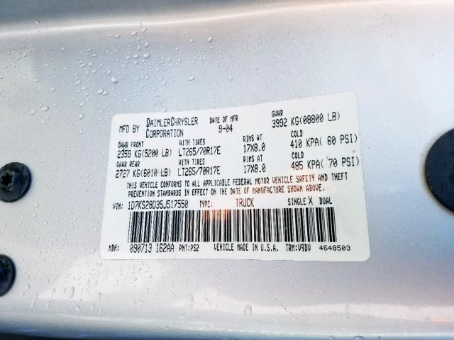 1D7KS28D35J517550 - 2005 DODGE RAM 2500 S Gümüş foto 10