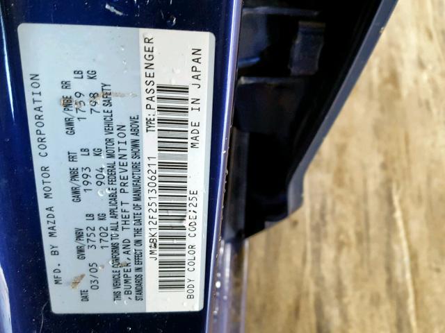 JM1BK12F251306211 - 2005 MAZDA 3 I BLUE photo 10