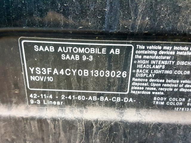 YS3FA4CY0B1303026 - 2011 SAAB 9-3 2.0T CHARCOAL photo 10