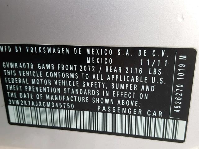 3VW2K7AJXCM345750 - 2012 VOLKSWAGEN JETTA BASE Արծաթագույն լուսանկար 10