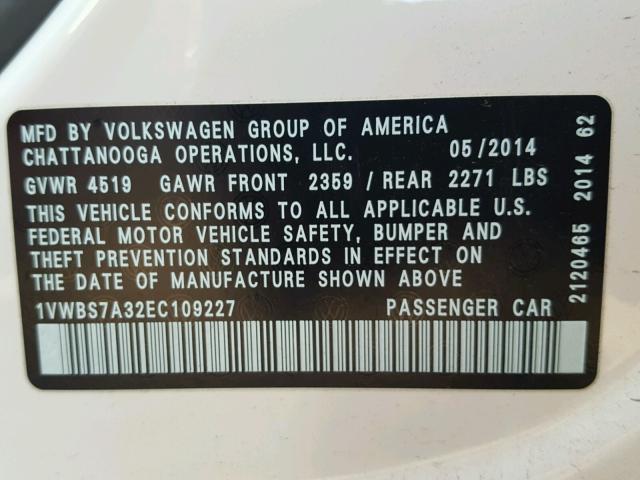 1VWBS7A32EC109227 - 2014 VOLKSWAGEN PASSAT SE WHITE photo 10