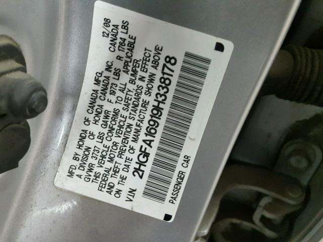 2HGFA16919H338178 - 2009 HONDA CIVIC EXL GRAY photo 10