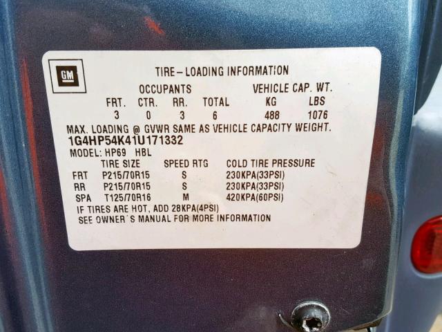 1G4HP54K41U171332 - 2001 BUICK LESABRE CU BLUE photo 10