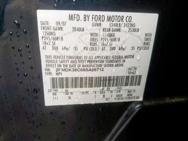 2FMDK38C68BA06712 - 2008 FORD EDGE SEL BLUE photo 10