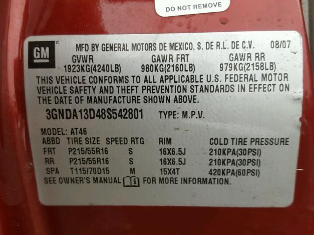 3GNDA13D48S542801 - 2008 CHEVROLET HHR LS Rojo foto 10