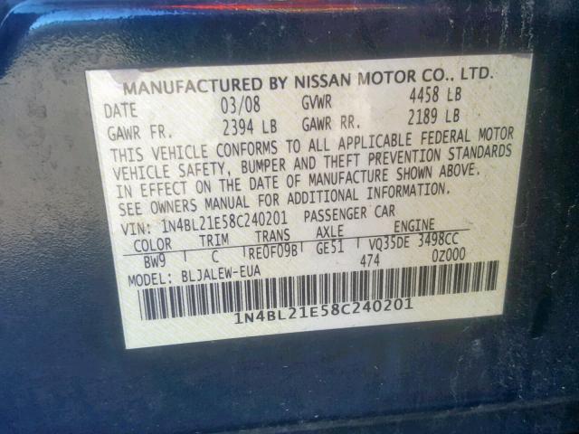 1N4BL21E58C240201 - 2008 NISSAN ALTIMA 3.5 BLUE photo 10