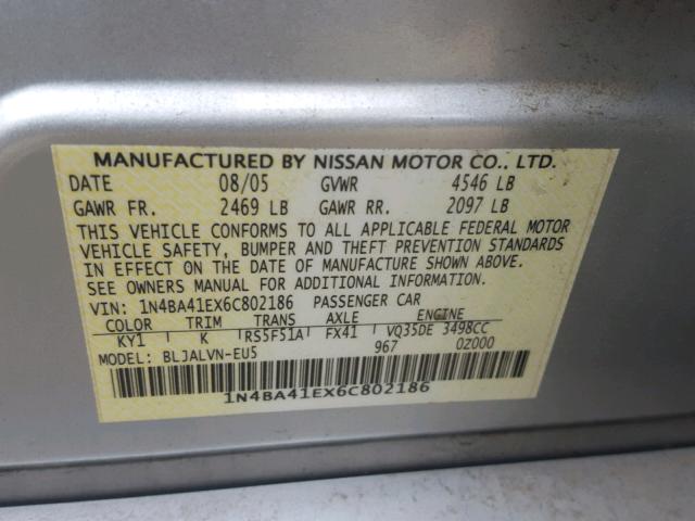 1N4BA41EX6C802186 - 2006 NISSAN MAXIMA SE GRAY photo 10