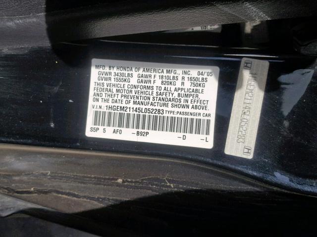 1HGEM21145L052283 - 2005 HONDA CIVIC DX V BLACK photo 10