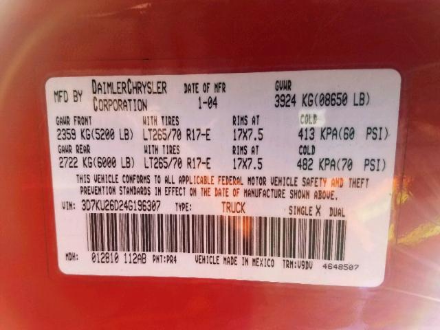 3D7KU26D24G196307 - 2004 DODGE RAM 2500 S Կարմիր լուսանկար 10