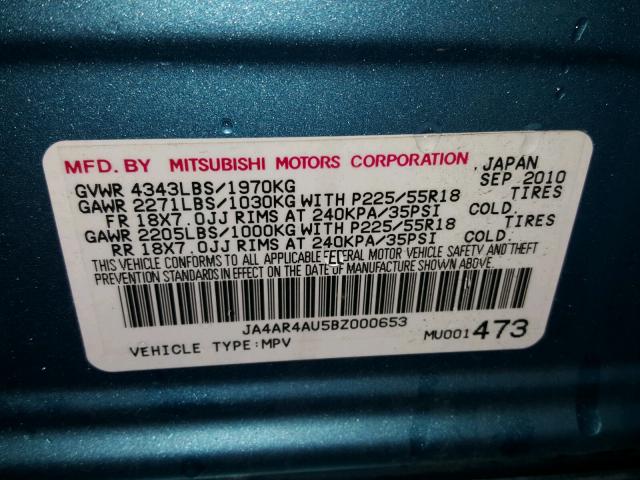 JA4AR4AU5BZ000653 - 2011 MITSUBISHI OUTLANDER BLUE photo 10