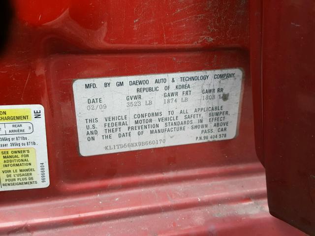 KL1TD56EX9B660170 - 2009 CHEVROLET AVEO LS RED photo 10