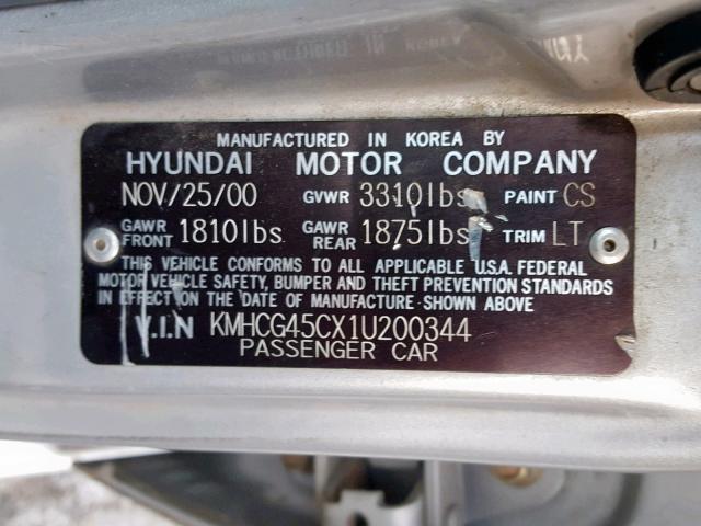 KMHCG45CX1U200344 - 2001 HYUNDAI ACCENT GL SILVER photo 10