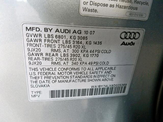 WA1BY74LX8D025369 - 2008 AUDI Q7 3.6 QUA SILVER photo 10