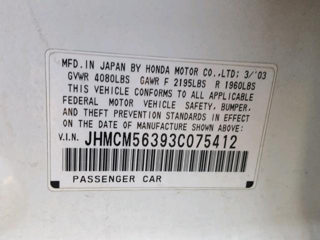 JHMCM56393C075412 - 2003 HONDA ACCORD LX WHITE photo 10