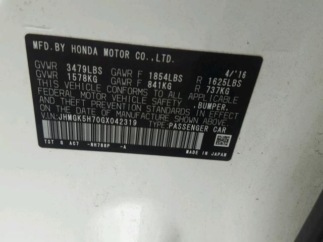 JHMGK5H70GX042319 - 2016 HONDA FIT EX WHITE photo 10