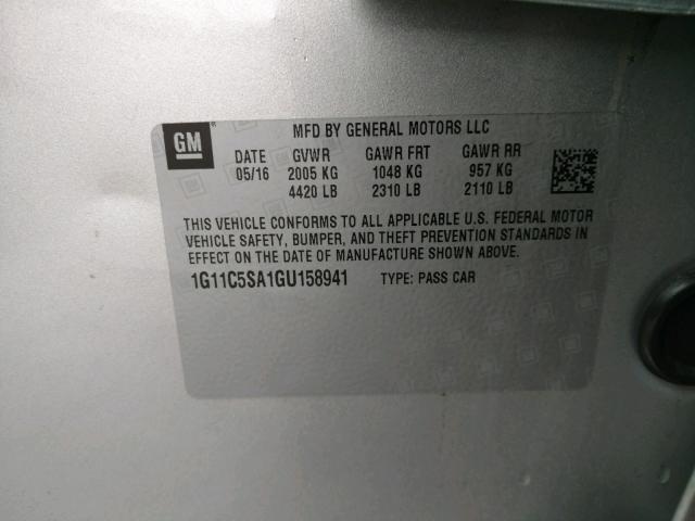 1G11C5SA1GU158941 - 2016 CHEVROLET MALIBU LIM ვერცხლისფერი ფოტო 10