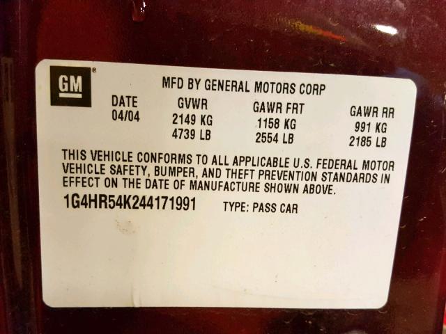 1G4HR54K244171991 - 2004 BUICK LESABRE LI MAROON photo 10