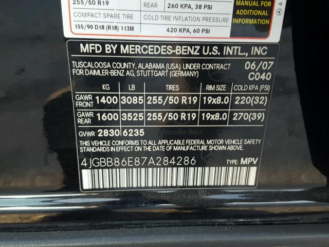 4JGBB86E87A284286 - 2007 MERCEDES-BENZ ML 350 BLACK photo 10