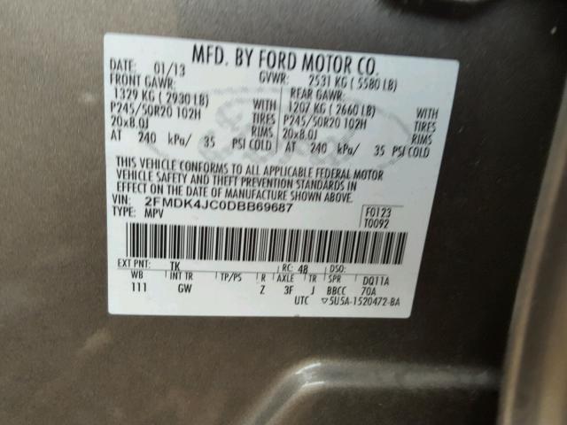 2FMDK4JC0DBB69687 - 2013 FORD EDGE SEL GRAY photo 10