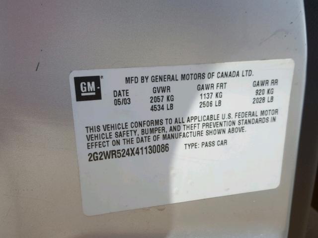 2G2WR524X41130086 - 2004 PONTIAC GRAND PRIX SILVER photo 10