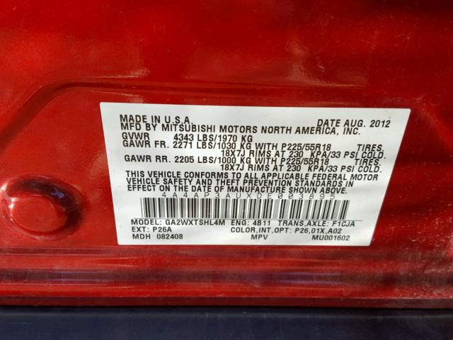 4A4AP3AUXDE003895 - 2013 MITSUBISHI OUTLANDER RED photo 10