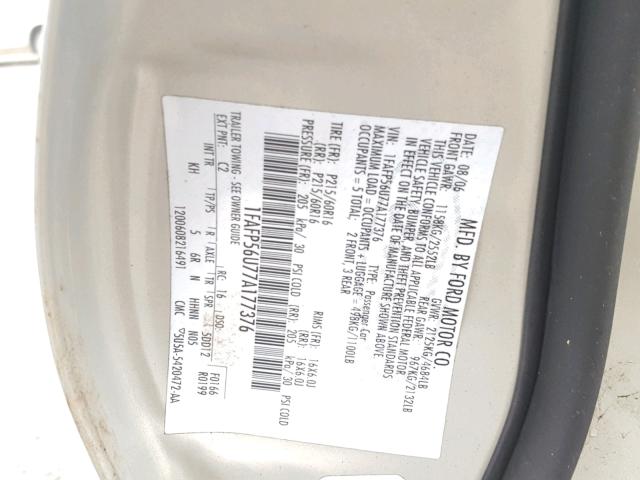 1FAFP56U77A177376 - 2007 FORD TAURUS SEL CREAM photo 10