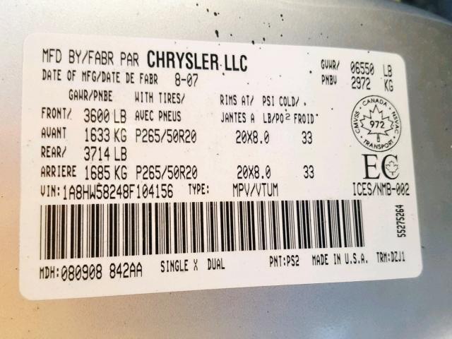 1A8HW58248F104156 - 2008 CHRYSLER ASPEN LIMI SILVER photo 10