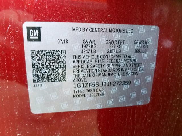 1G1ZF5SU1JF273359 - 2018 CHEVROLET MALIBU HYB RED photo 10