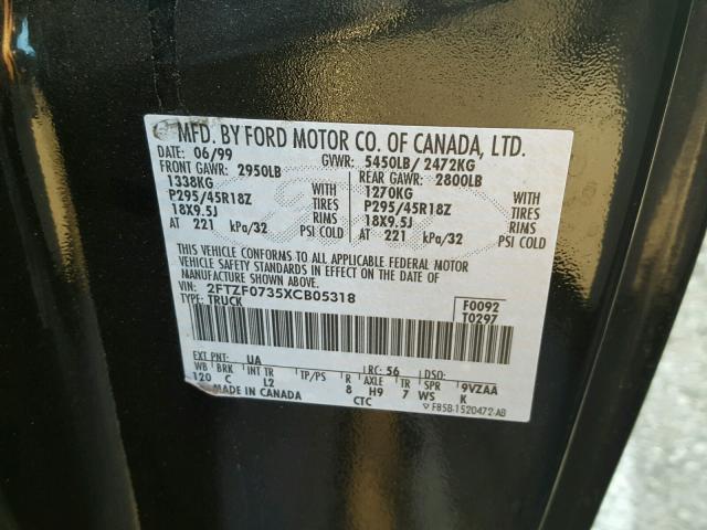 2FTZF0735XCB05318 - 1999 FORD F150 SVT L BLACK photo 10