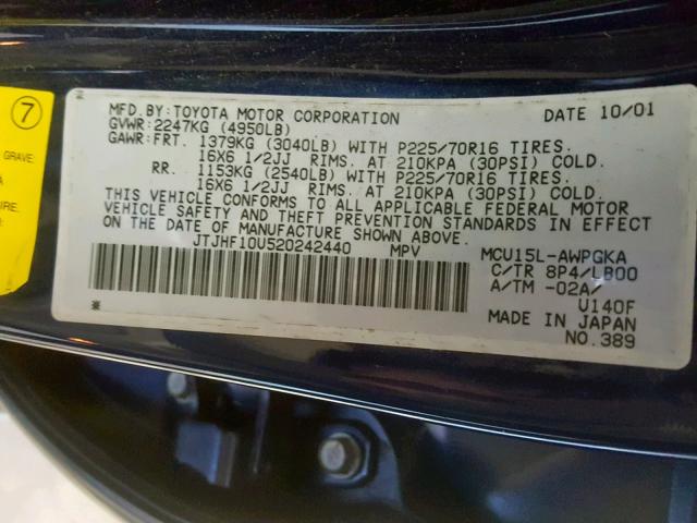 JTJHF10U520242440 - 2002 LEXUS RX 300 BLUE photo 10