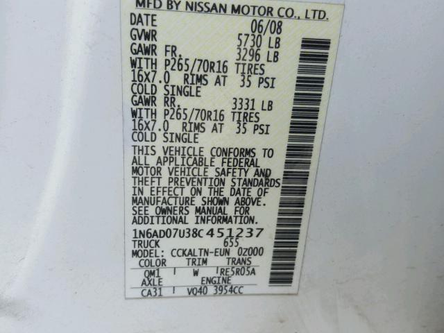 1N6AD07U38C451237 - 2008 NISSAN FRONTIER C WHITE photo 10