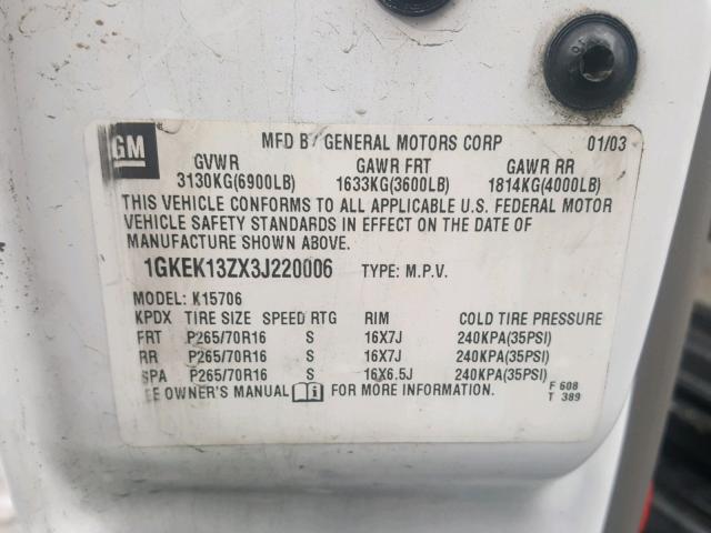 1GKEK13ZX3J220006 - 2003 GMC YUKON WHITE photo 10