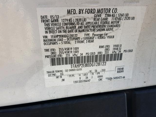 1FAHP2E80DG128122 - 2013 FORD TAURUS SEL BLACK photo 10