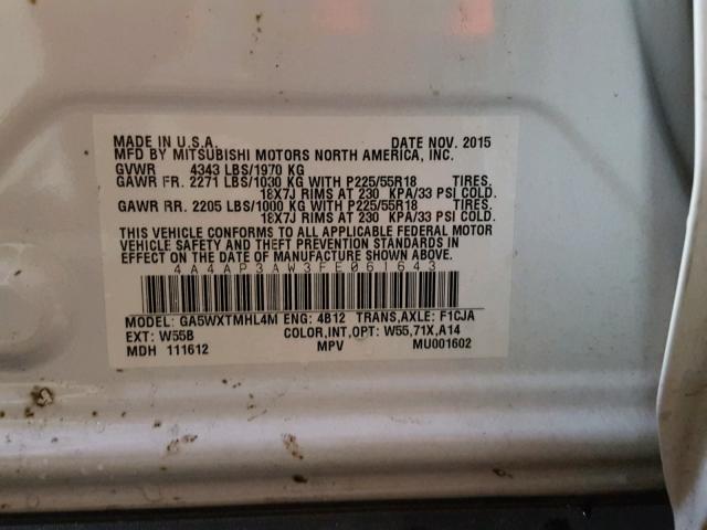 4A4AP3AW3FE061643 - 2015 MITSUBISHI OUTLANDER WHITE photo 10