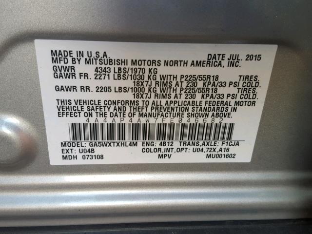 4A4AP4AW7FE046682 - 2015 MITSUBISHI OUTLANDER SILVER photo 10