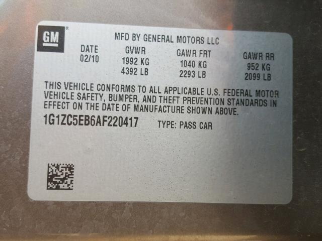 1G1ZC5EB6AF220417 - 2010 CHEVROLET MALIBU 1LT TAN photo 10