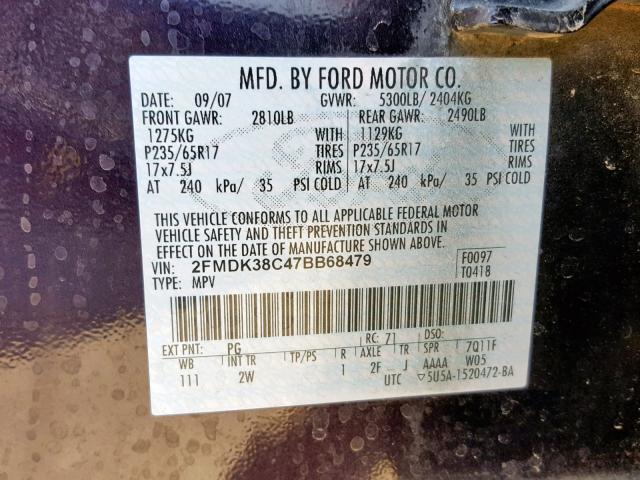 2FMDK38C47BB68479 - 2007 FORD EDGE SEL PURPLE photo 10