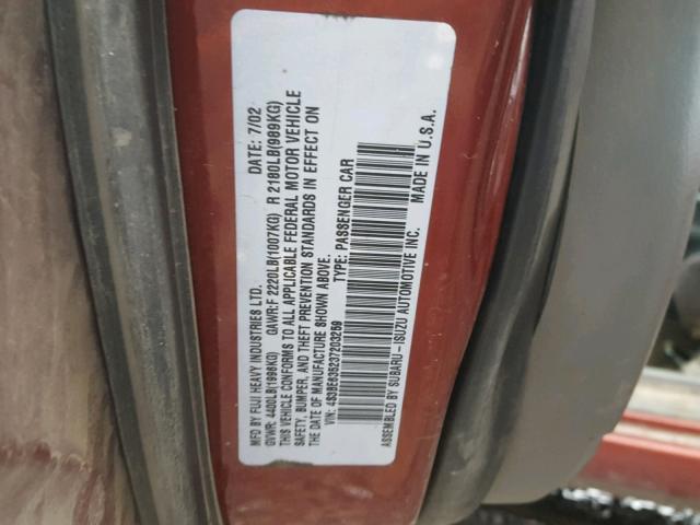 4S3BE635237203259 - 2003 SUBARU LEGACY L RED photo 10