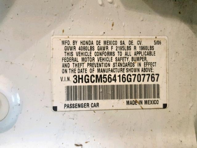 3HGCM56416G707767 - 2006 HONDA ACCORD LX WHITE photo 10