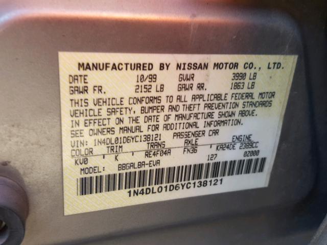 1N4DL01D6YC138121 - 2000 NISSAN ALTIMA XE GRAY photo 10