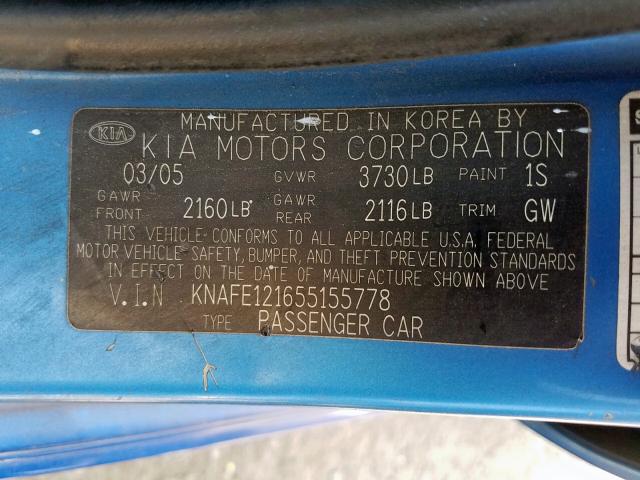 KNAFE121655155778 - 2005 KIA SPECTRA LX BLUE photo 10