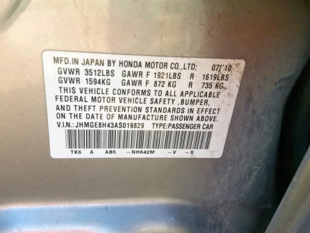 JHMGE8H43AS019829 - 2010 HONDA FIT SPORT SILVER photo 10