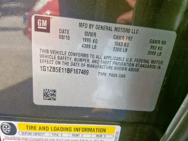 1G1ZB5E11BF167489 - 2011 CHEVROLET MALIBU LS GRAY photo 10